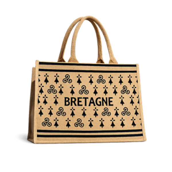 Jutetasche 50x35x22 cm mit Aufschrift „Bretagne“ und Triskele auf weißem Hintergrund